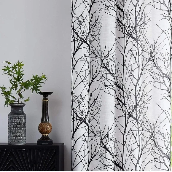 Linen White Curtains with Gray Branches 50”x96” - Picture 2 of 6